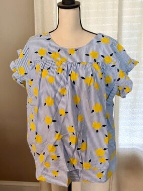 crown & ivy Blue Striped Blouse with Yellow Floral Print